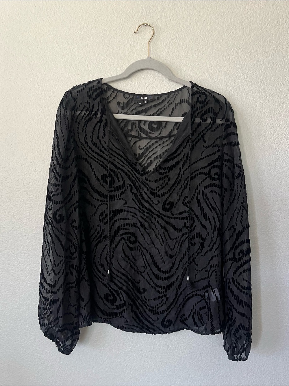 PAIGE Selma Velvet Swirl Pattern With Tassels LS Blouse in Black Women's Size M